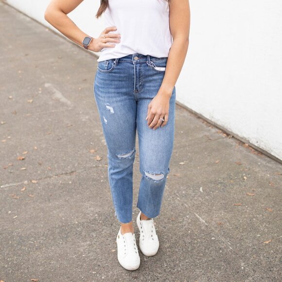 NWT Risen High Rise Distressed Slim Straight Jeans Cropped Curvy - Picture 2 of 7